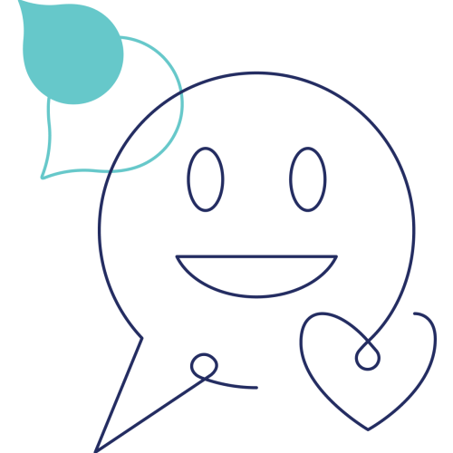 navy and teal line art of a chat bubble with a smiley face and a heart