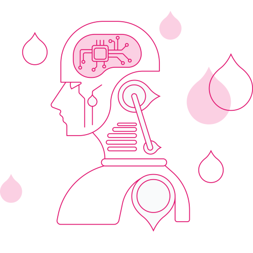 pink line art of a robot with a computer chip brain