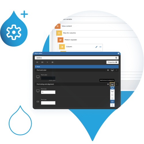 blue acquia droplet with product screenshots coming out of it