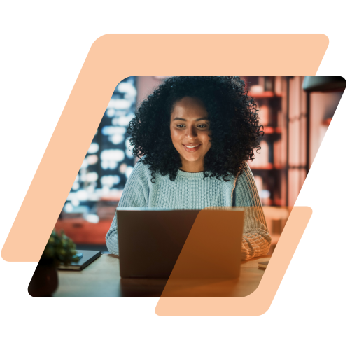 Image of a girl on a laptop masked in a parallelogram with orange parallelograms surrounding the image