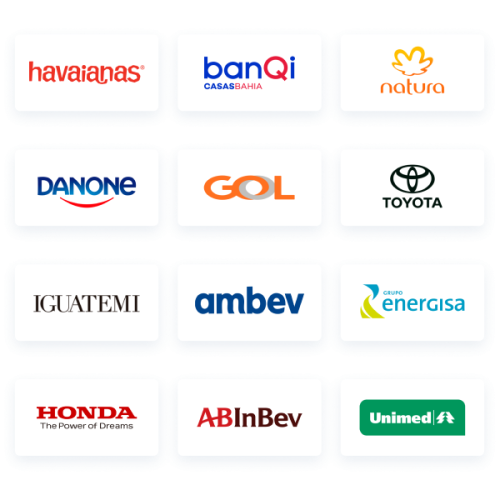 4 x4 grid of logos including: Toyota, Honda, ABInBev, Havaianas, BanQi, Natura, Danone, GOL, Iguatemi, Ambev, Energisa, Unimed