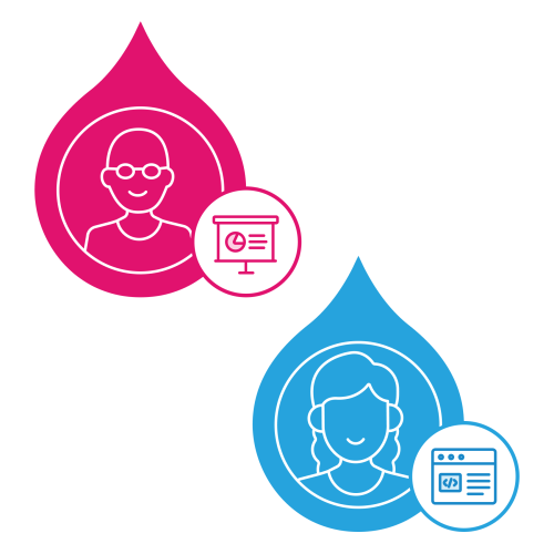 two droplets with a person and a presentation board icon and a person with a code screen icon