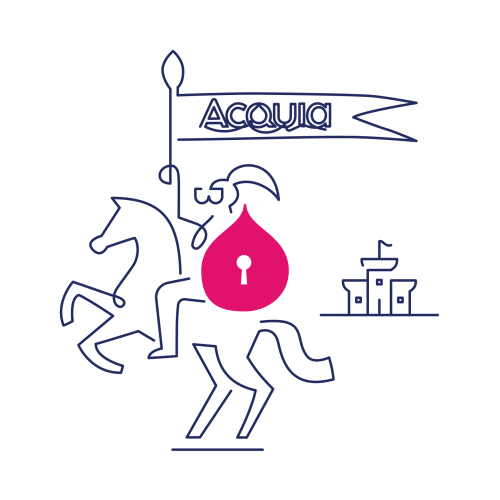 navy and pink line art of a knight with a shield with a lock on it and a castle in the background
