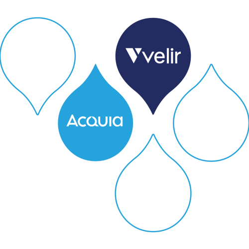 navy and blue acquia droplets with the acquia and velir logos