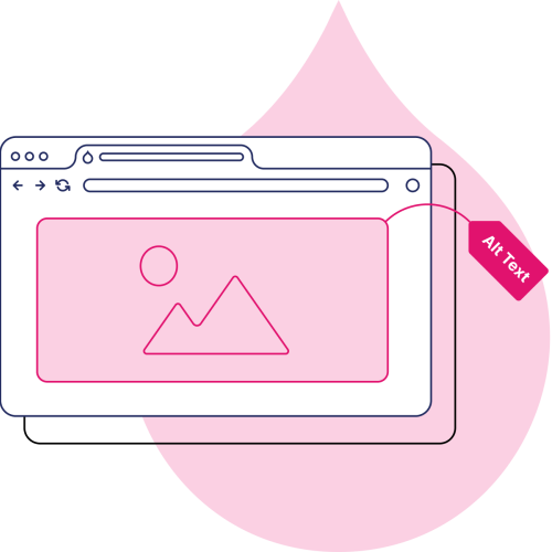 navy and pink line art of two browser screens with an image highlighted on one of them and a tag attached to it that reads "Alt Text"