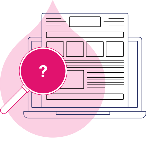 navy and pink line art of a computer with a web page coming out of it and a magnifying glass hovering over it with a question mark in the middle