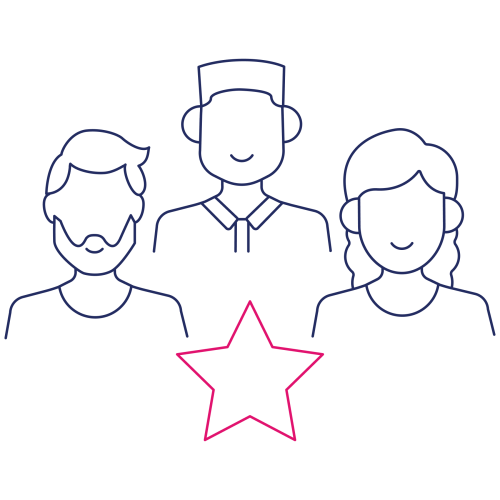 navy and pink line art of a group of 3 people with a star below them