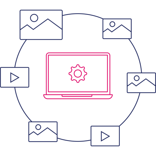 navy and pink line art of image and video icons surrounding a laptop with a coghweel in the center