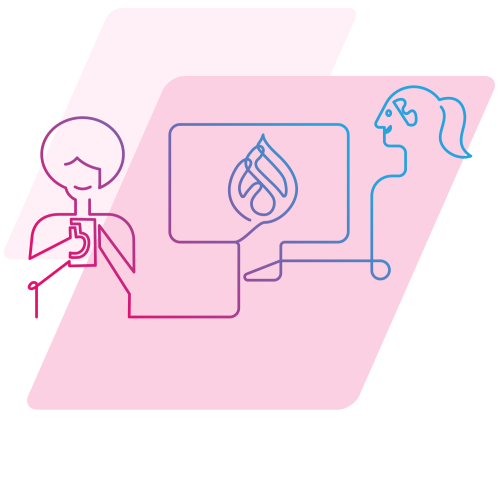 blue to pink line art diagram of person on computer connected to person on mobile with drupal logo in the middle