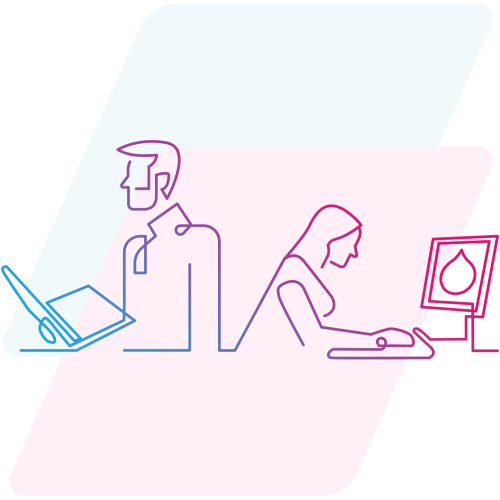 pink and blue line art of people working on computers 