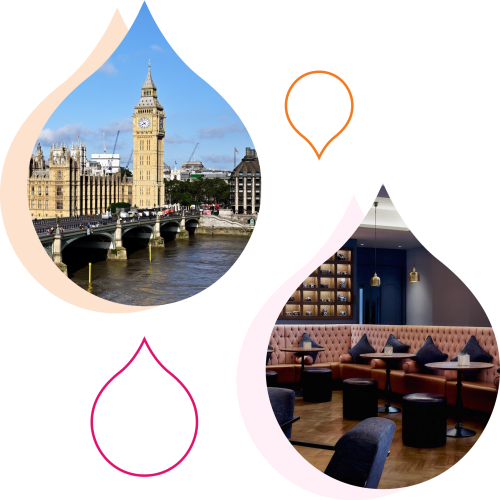 stylized graphic featuring Big Ben and the bar in London's County Hall