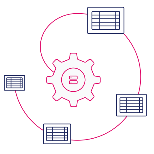 illustration of connected filed with a cogwheel and a server in the middle