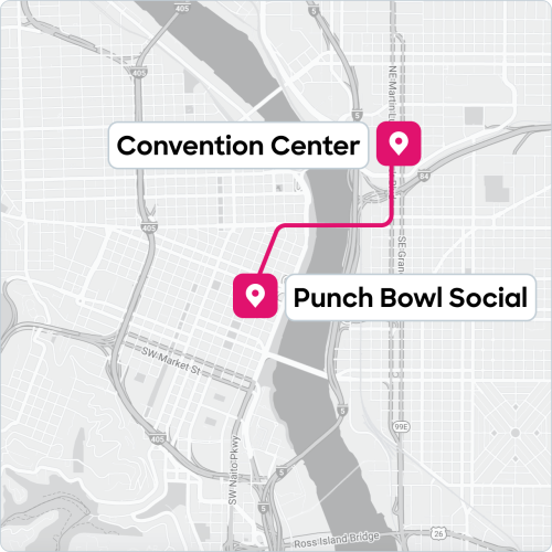 Stylized map of downtown Portland showing the proximity from the Convention Center to Punch Bowl Social