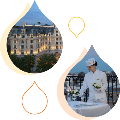 stylized graphic of the Peninsula hotel and a chef working 