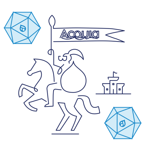 Illustration of a knight with an Acquia banner and two Dungeons and Dragons Dice with the Drupal logo on them