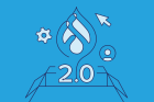 Drupal 2.0 logo with water droplet, gear icon, and cursor on blue background