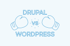 Two boxing gloves facing each other with "DRUPAL vs. WORDPRESS" text in blue outline style