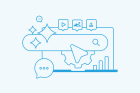Light blue line drawing of computer screen with paper airplane, chat bubble, and sparkles