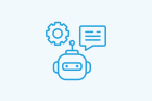 Chatbot icon with gear and speech bubble symbols in blue outline style