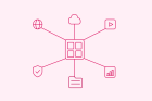 Pink diagram showing a central grid connected to six icons: globe, cloud, play button, shield with checkmark, document, and bar chart