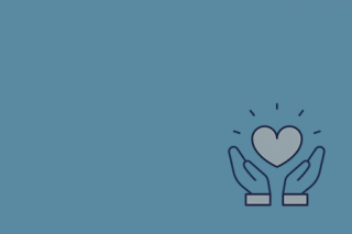 Hands cradling a heart with radiating lines on blue background