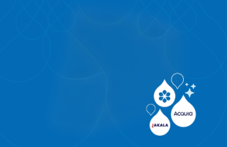 Blue background with white water droplet logo and smaller droplet with stars