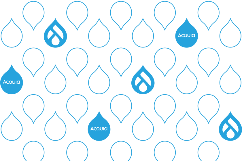 a series of outlined droplets with various acquia and drupal logos
