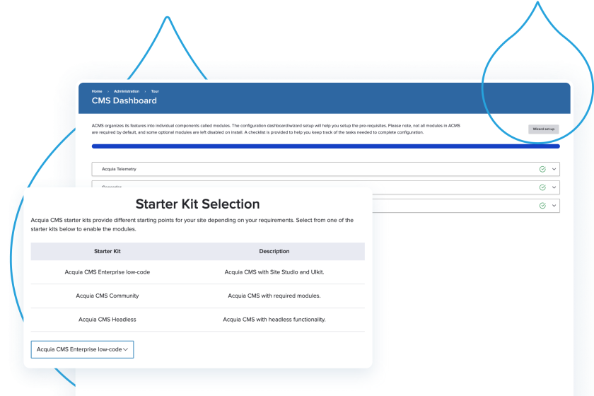 blue acquia droplets outlines with screenshots from Acquia CMS Starter Kits