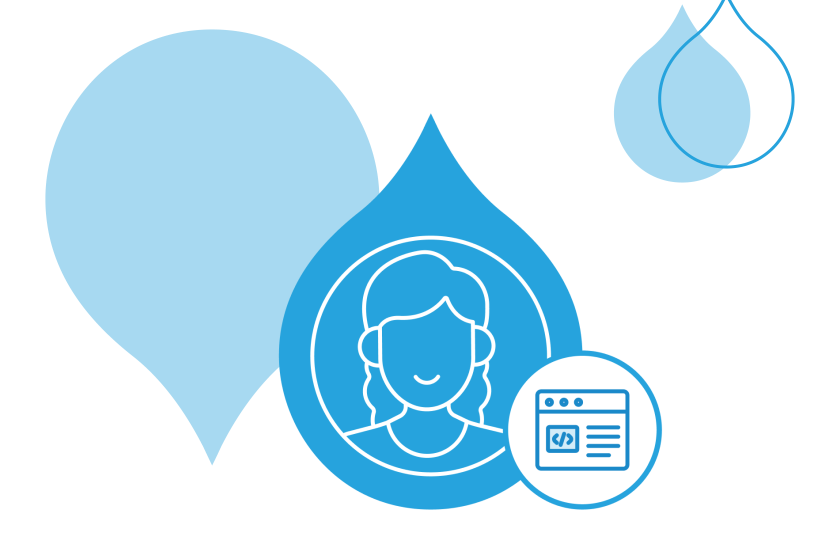 blue acquia droplets with an icon of a person and a browser with code on it