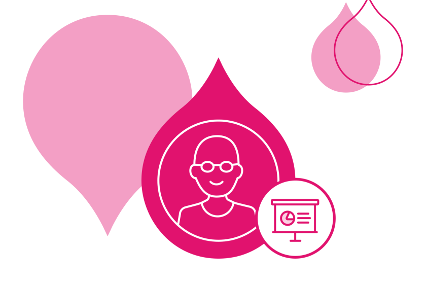 pink acquia droplets with an icon of a person and a presentation board