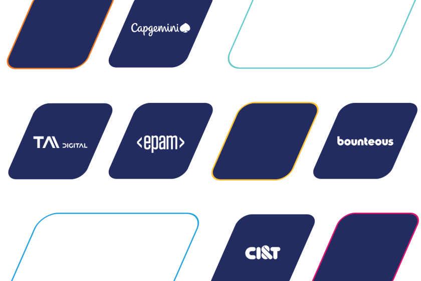 various colored parallelograms with logos for CI&T, Bounteous, EPAM, TA Digital, and Capgemini