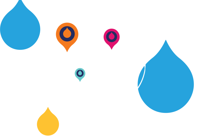 3 blue acquia droplets with line art of a globe with pink, orange, and teal pin points