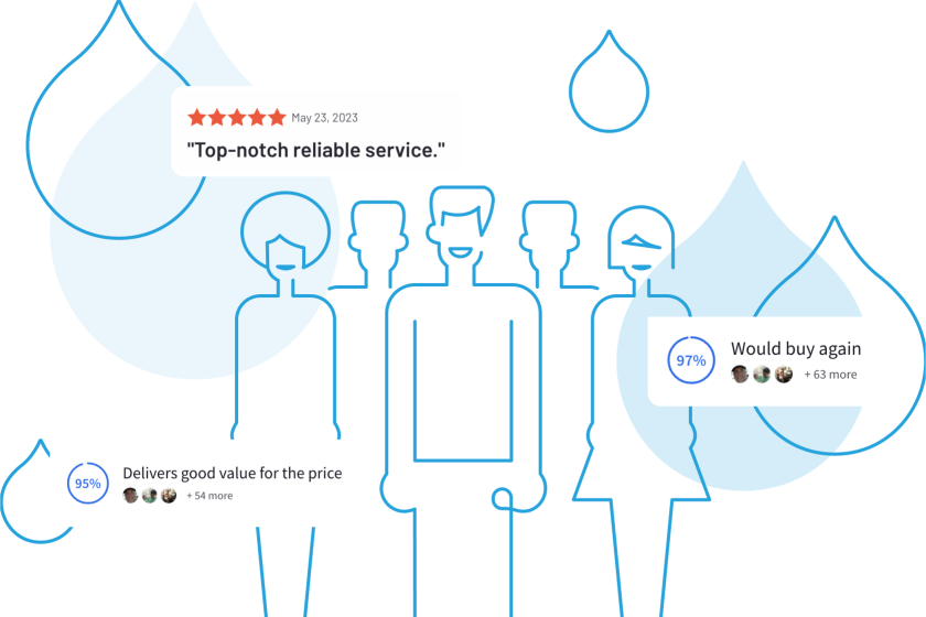 blue line art of a crowd talking with 3 text bubbles that read "Top notch reliable service" | "Delivers good value for the price" | "Would buy again"