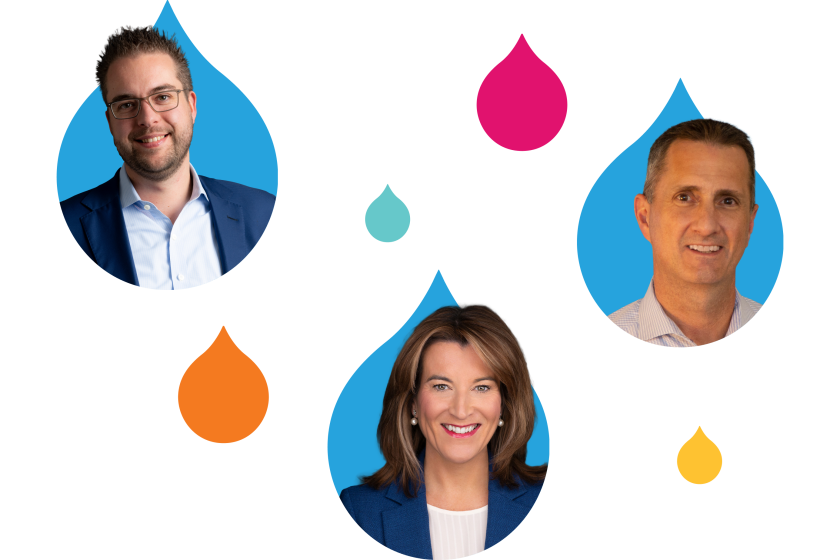 3 blue droplets with different Acquia employee headshots coming out of them surrounded by yellow, teal, pink, and orange droplets