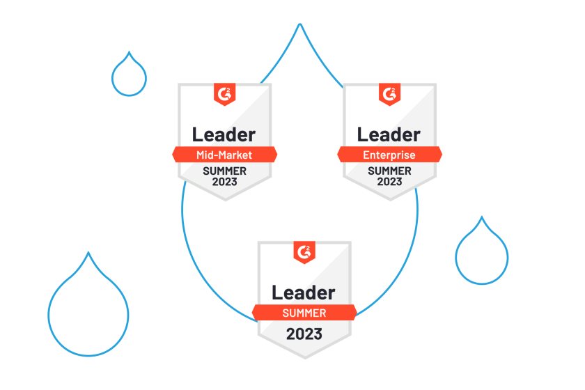 G2 award badges for mid market, summer, and enterprise leaders for 2023 surrounded by blue acquia drop  outlines