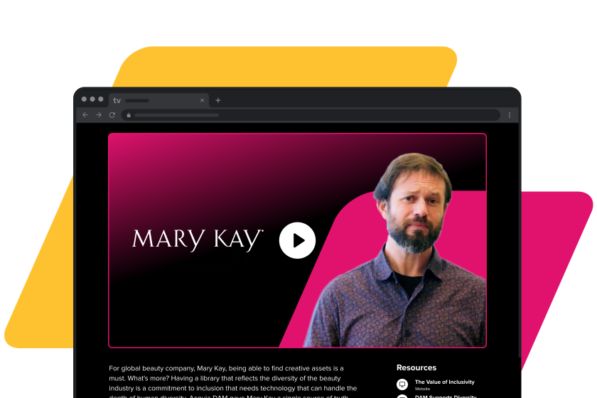 yellow and pink parallelograms with dark mode chrome browser featuring a man and the Mary Kay logo with a play button