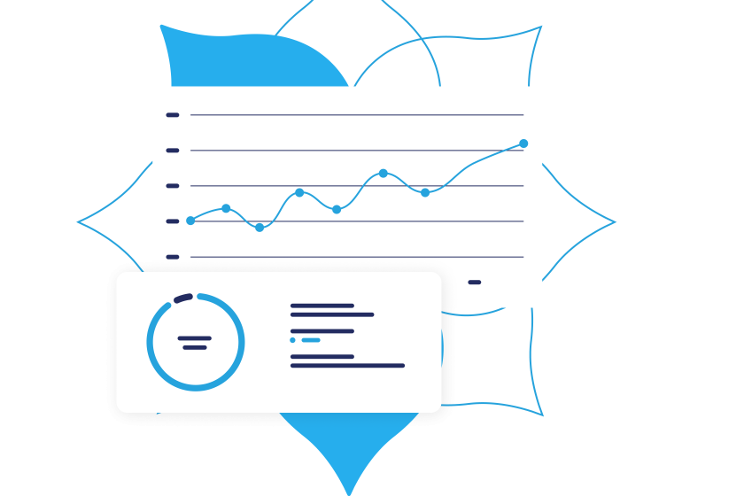 Illustrative product UI with a circle and line graph