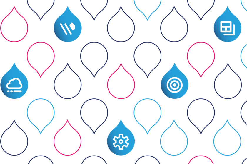 rows of acquia droplets with the 6 core product logos scattered throughout