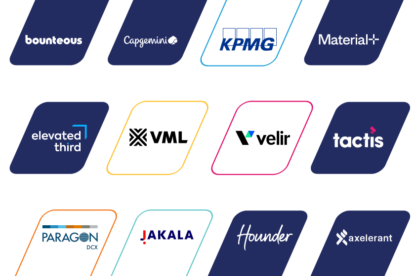 Grid of company logos including Deloitte, PwC, KPMG, Microsoft, VML, Vela, Iocia, and others displayed as parallelograms in blue and white