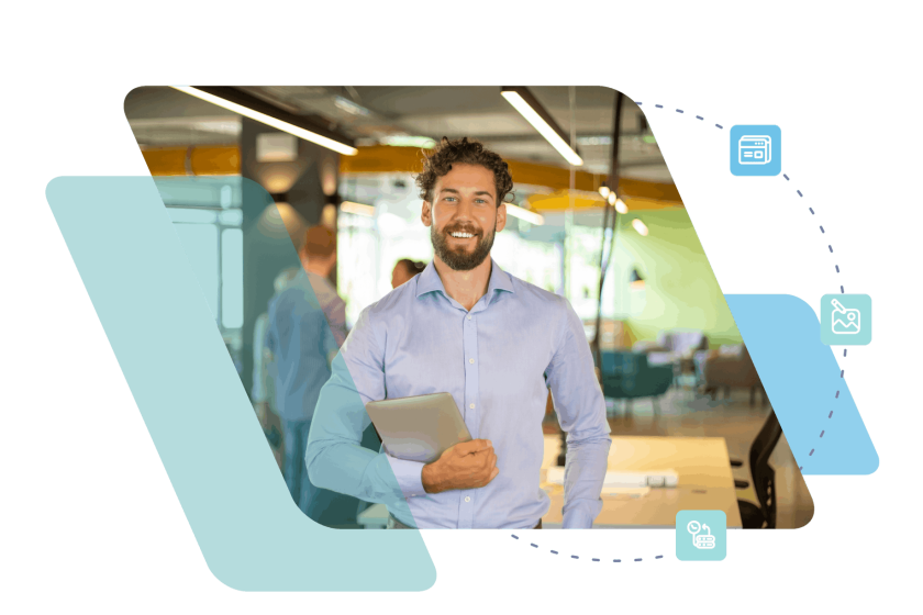 Man in headset holding laptop in modern office with geometric overlay graphics