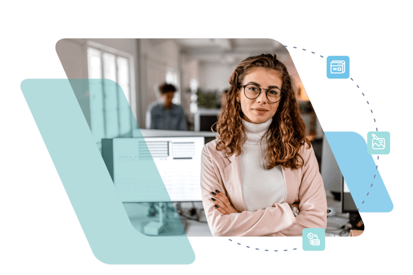 Professional woman with long curly hair and glasses in modern office setting