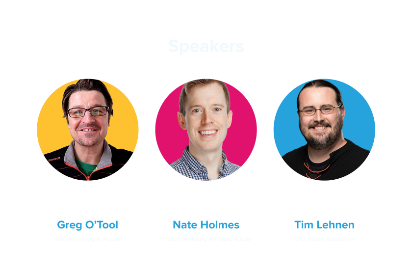 Three professional headshots in colorful circular frames showing Gary, Maria, and Tim.