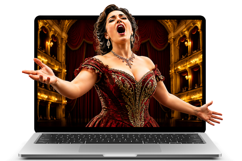 Opera singer in burgundy costume performing on laptop screen