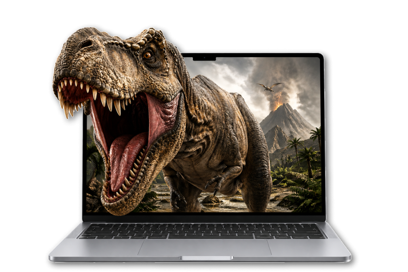 T-Rex dinosaur emerging from laptop screen with open jaws and sharp teeth