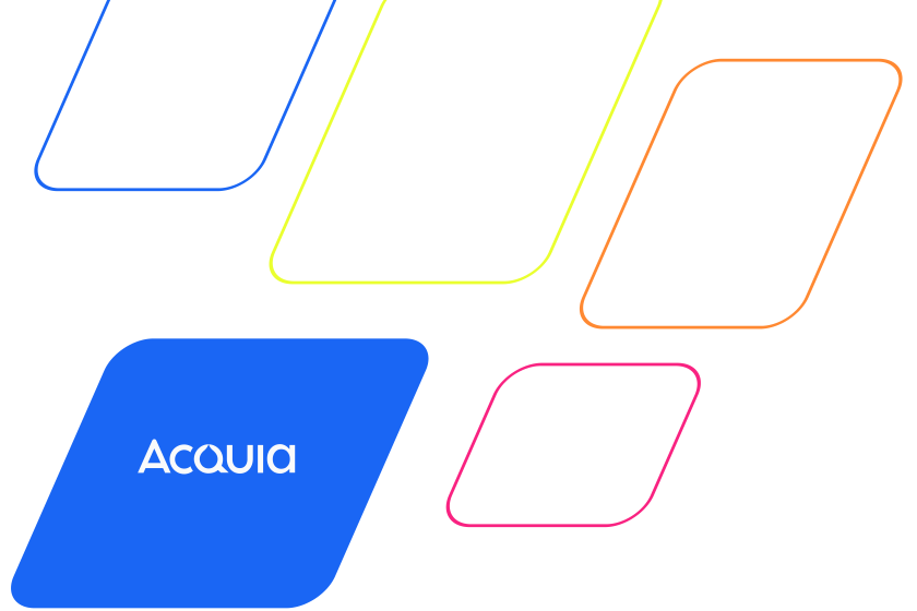 5 paralellograms that are blue, pink, yellow, and orange, with one that is full bleed with the acquia logo