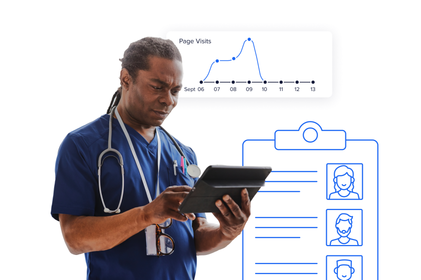 Doctor reviewing a tablet surrounded by product UI of a chart on page visits and an illustration of a patient chart