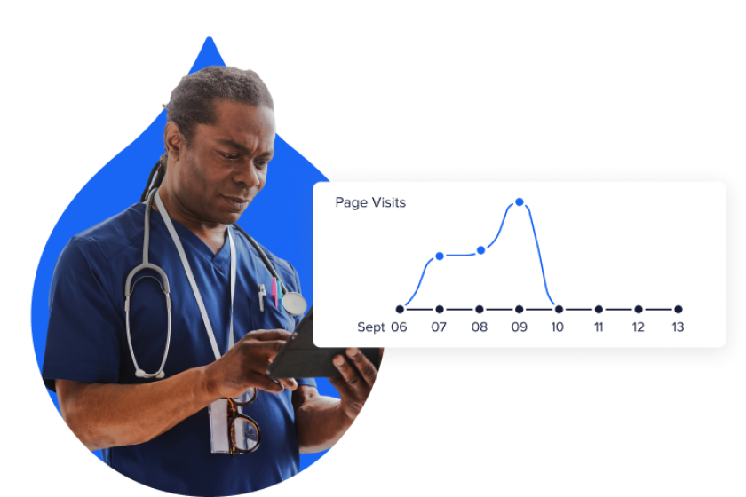Doctor reviewing a tablet surrounded by product UI of a chart on page visits.