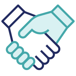 navy and teal icon of two hands shaking