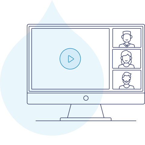 navy and blue line art of a desktop with a video call and a play button in the center