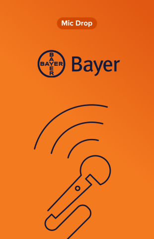 Orange background with mic line art and the Bayer Logo